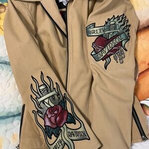 Harley-Davidson Fascination Beige Leather Jacket with Heart, Rose & Dagger